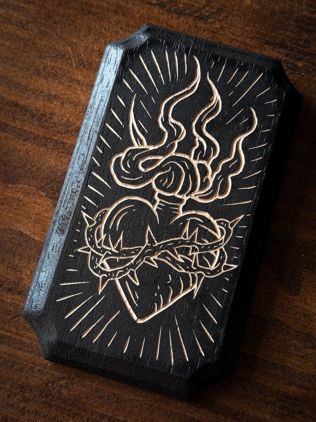 Flaming Heart Woodcut Plaque