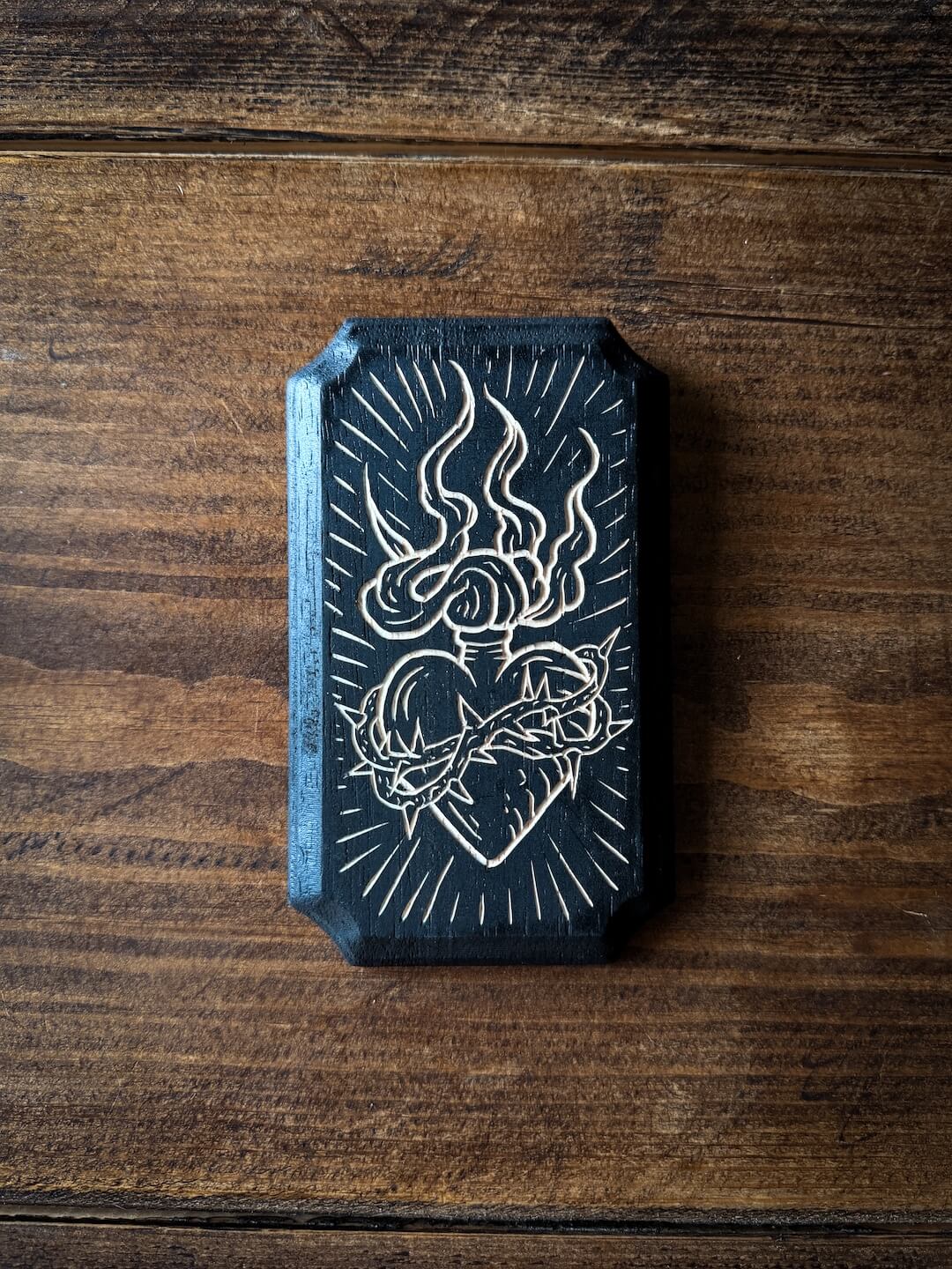 Flaming Heart Woodcut Plaque