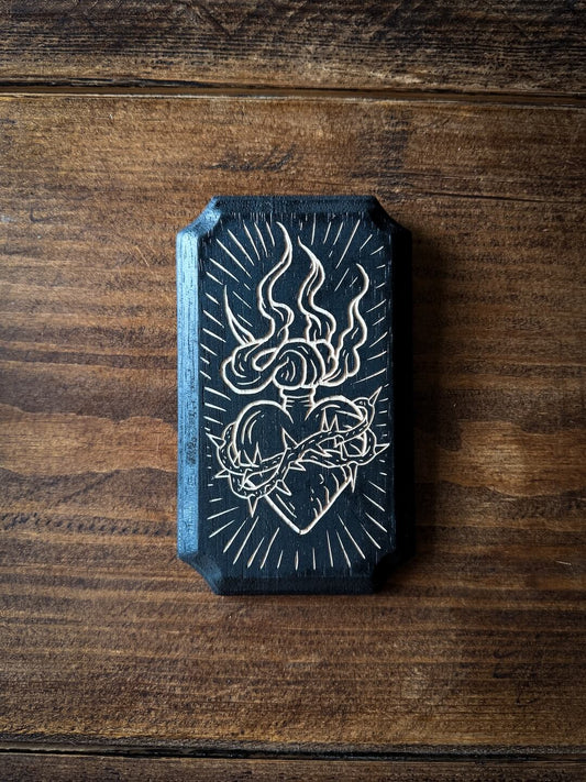 Flaming Heart Woodcut Plaque