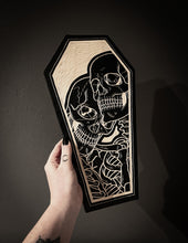 Load image into Gallery viewer, Skeleton Lovers Coffin Woodcut
