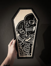 Load image into Gallery viewer, Skeleton Lovers Coffin Woodcut
