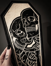 Load image into Gallery viewer, Skeleton Lovers Coffin Woodcut
