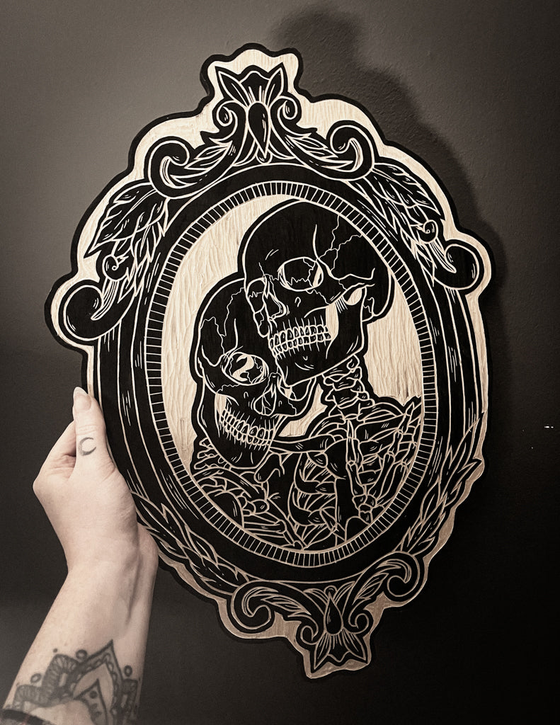 Lovers Skeleton Frame Woodcut