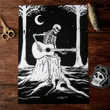 Load image into Gallery viewer, A4 + A3 Skeleton Playing Guitar Print
